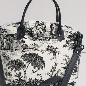 Handmade Black & White Toile Canvas And Faux Leather Handbag.a